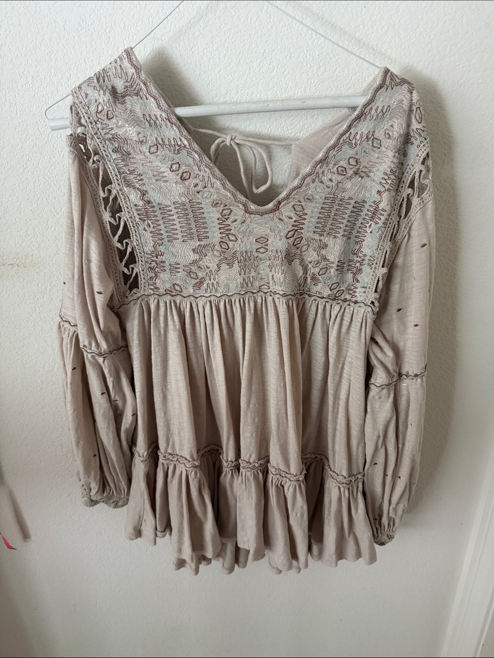 Boho Embroidered Peasant Top - Taupe